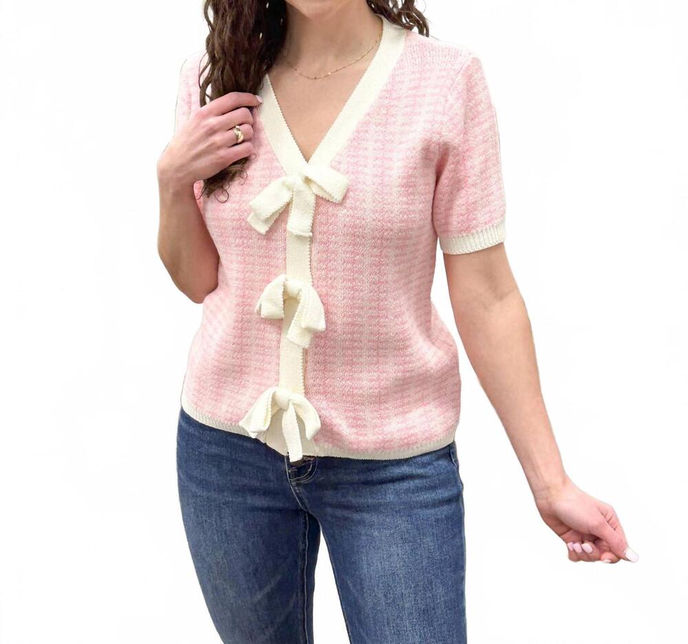NEW MAIN STRIP rhonda short sleeve bow cardigan in pink